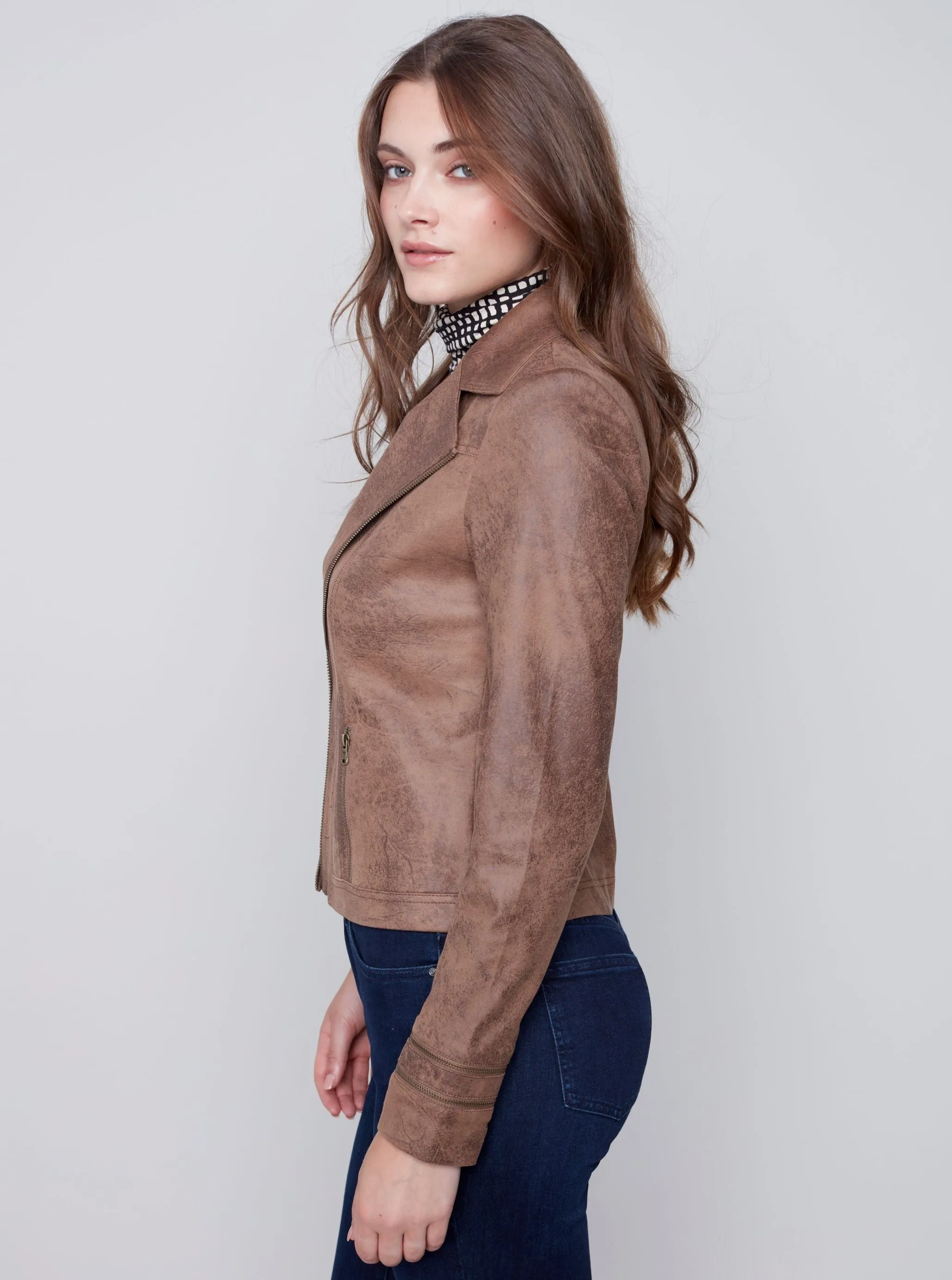 Coated Faux Sueded Motto Jacket [Truffle-C6231]