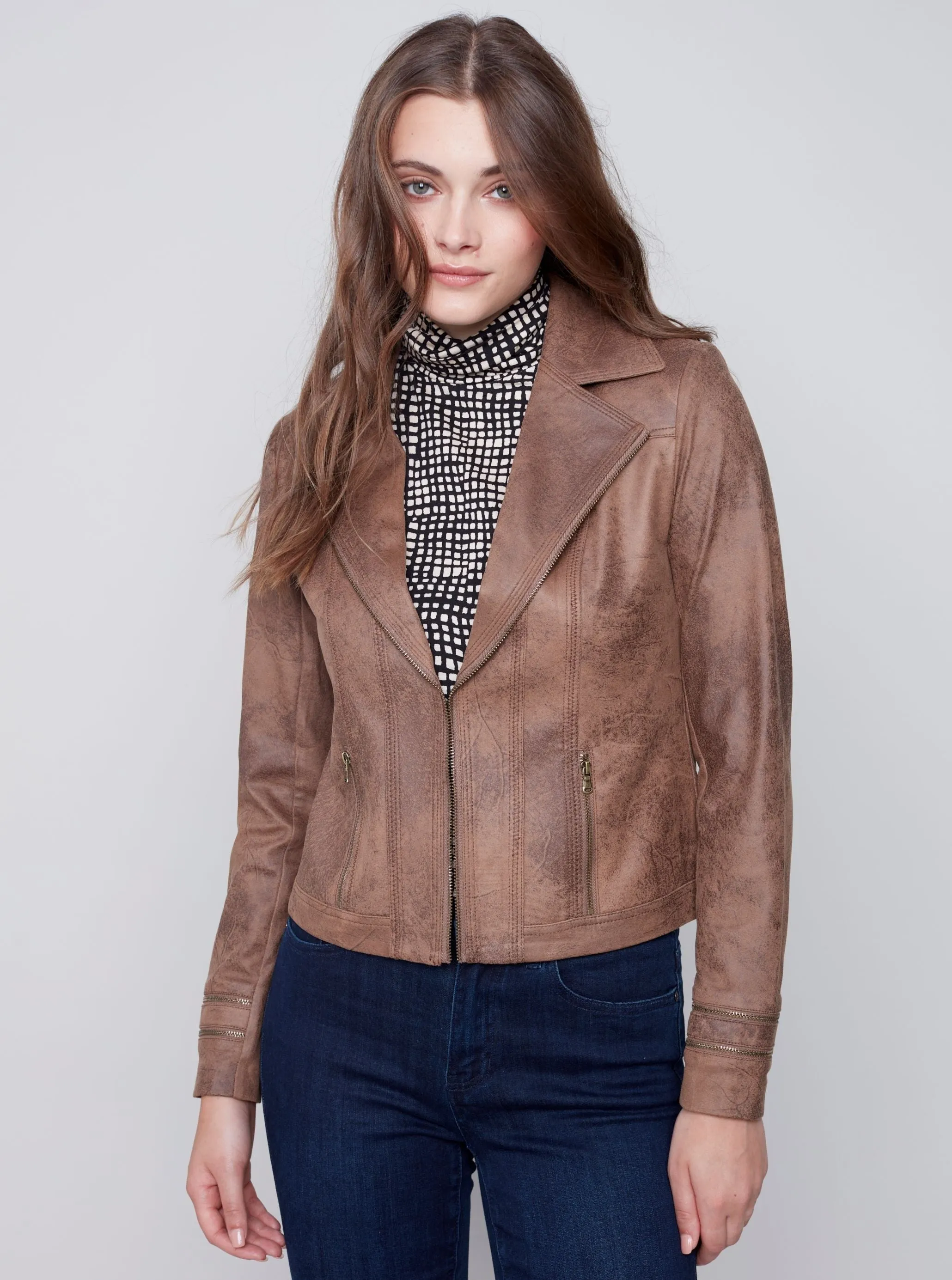 Coated Faux Sueded Motto Jacket [Truffle-C6231]