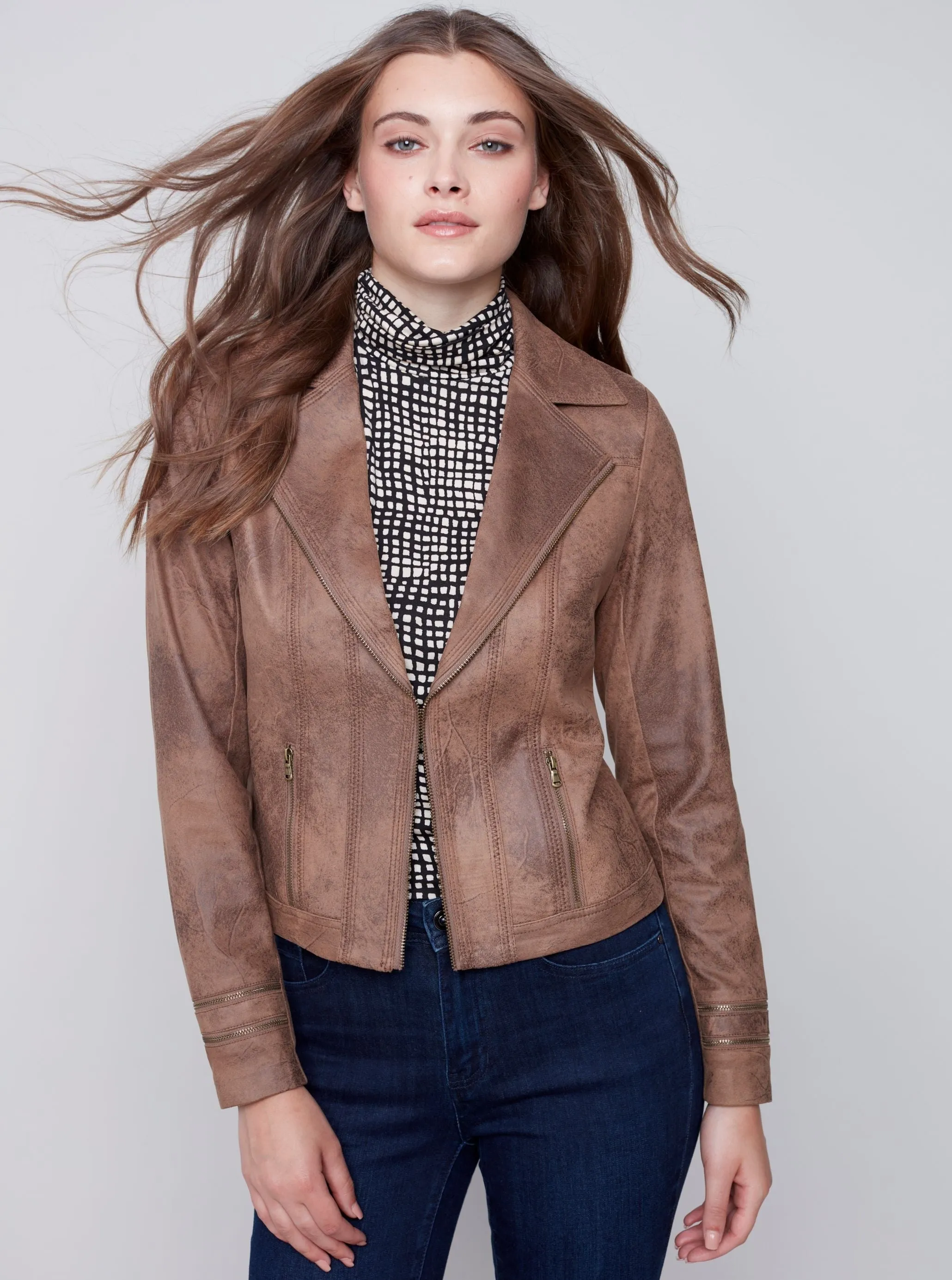 Coated Faux Sueded Motto Jacket [Truffle-C6231]