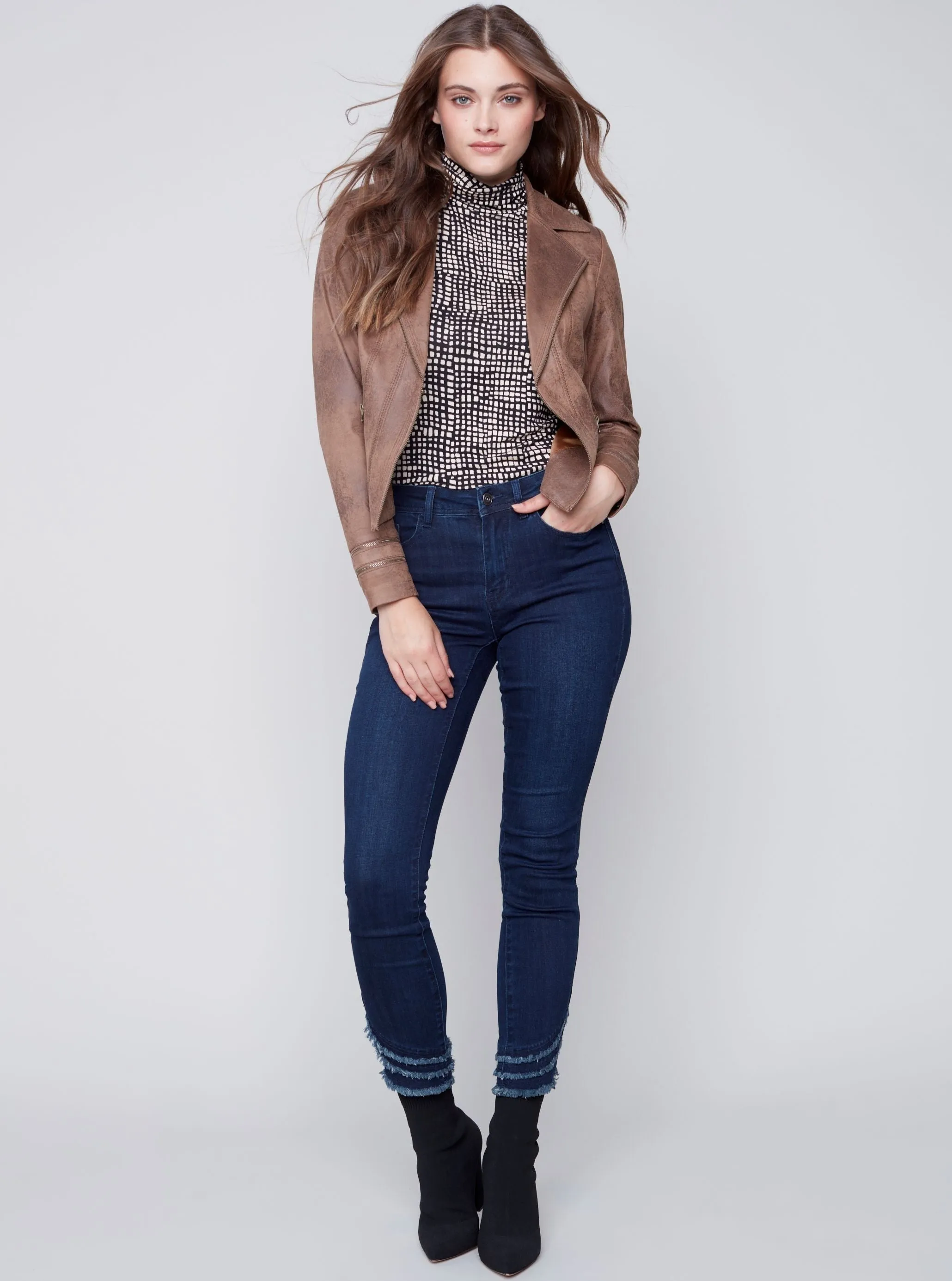 Coated Faux Sueded Motto Jacket [Truffle-C6231]