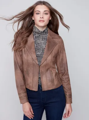Coated Faux Sueded Motto Jacket [Truffle-C6231]
