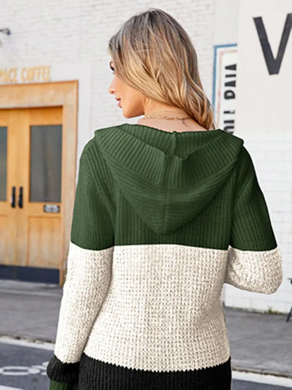 Contrasting Casual Mid-length Hooded Knitted Cardigan Sweater