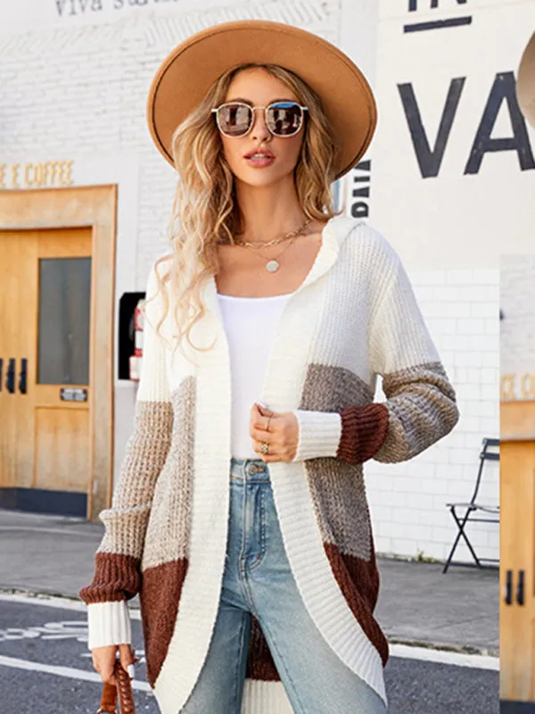 Contrasting Casual Mid-length Hooded Knitted Cardigan Sweater