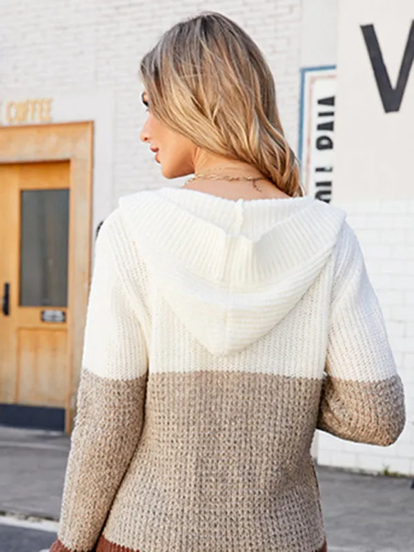 Contrasting Casual Mid-length Hooded Knitted Cardigan Sweater