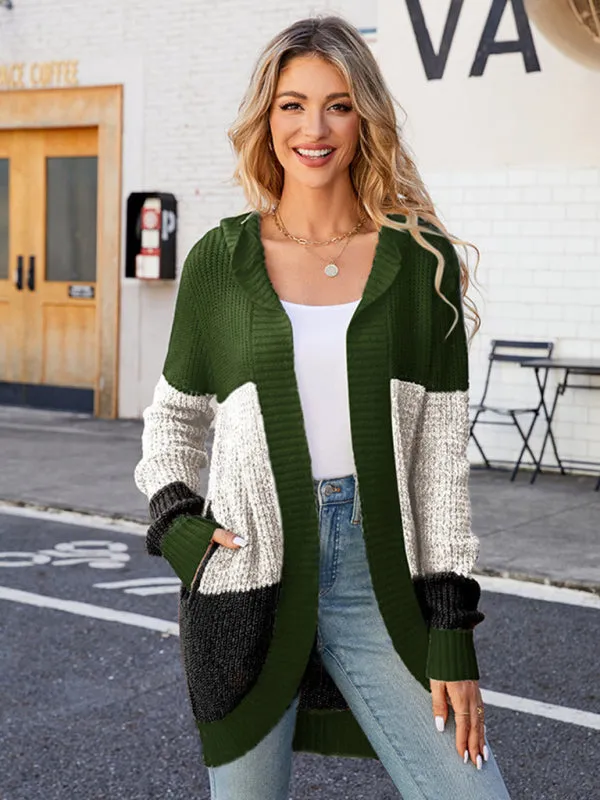 Contrasting Casual Mid-length Hooded Knitted Cardigan Sweater