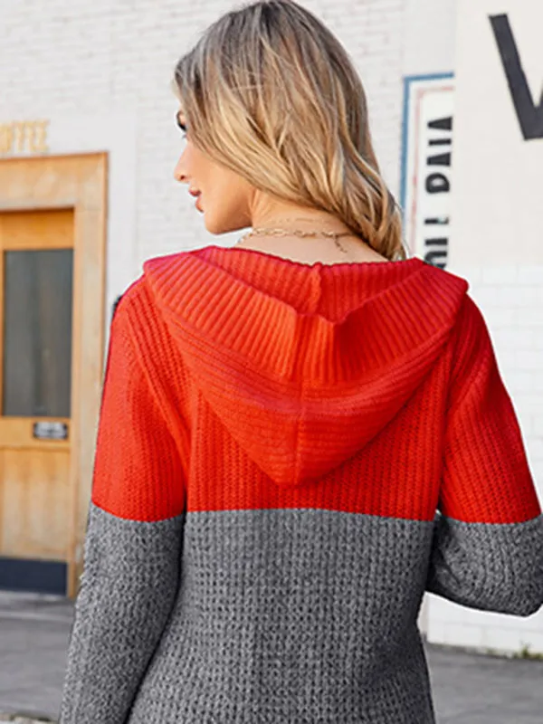 Contrasting Casual Mid-length Hooded Knitted Cardigan Sweater