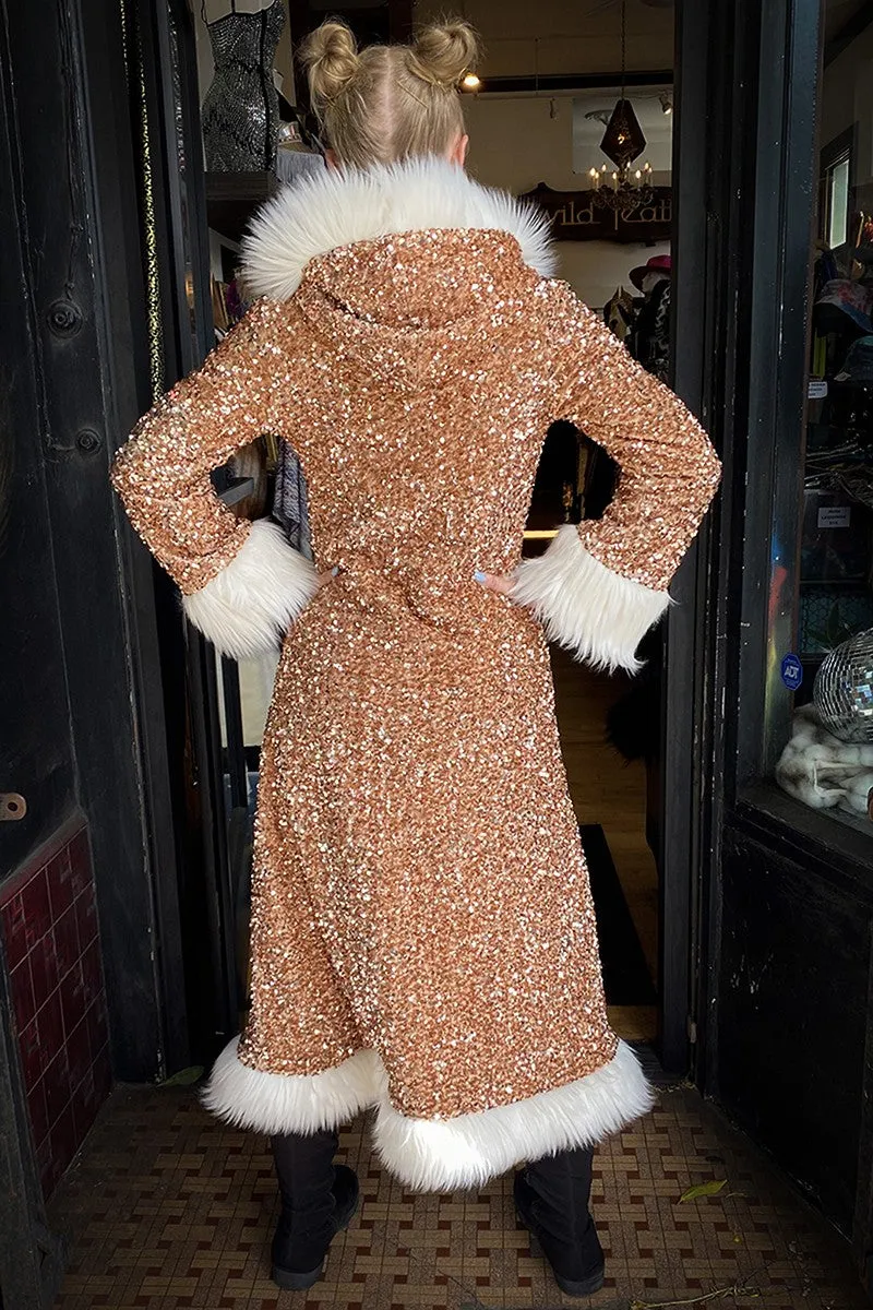 Deluxe Tamo Coat: Copper Starlight Sequin   Cream Faux Fur Trim