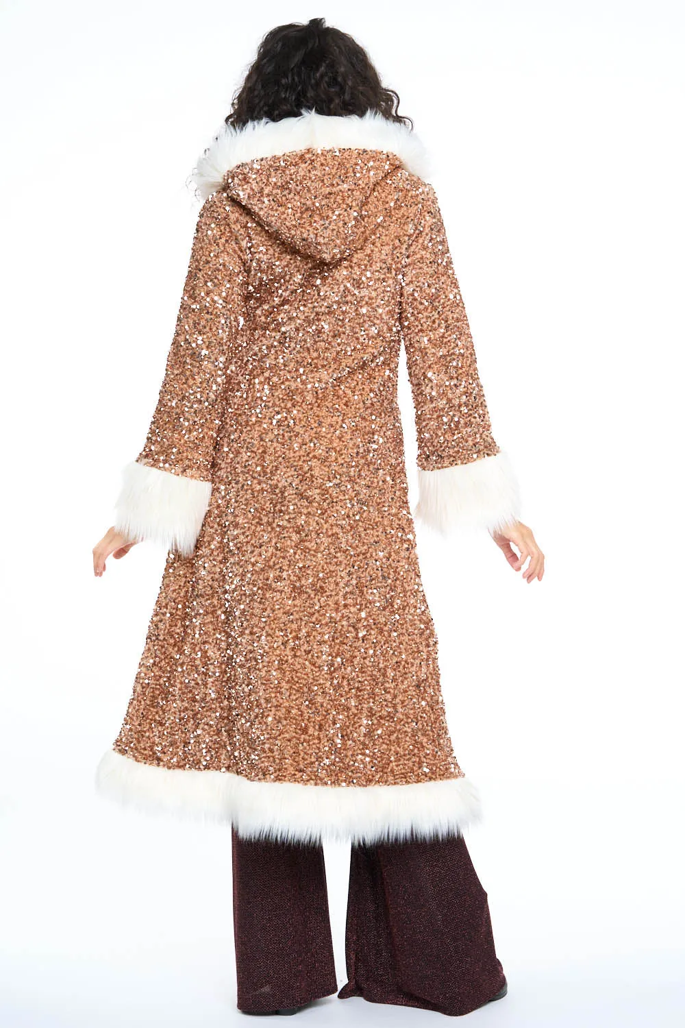 Deluxe Tamo Coat: Copper Starlight Sequin   Cream Faux Fur Trim
