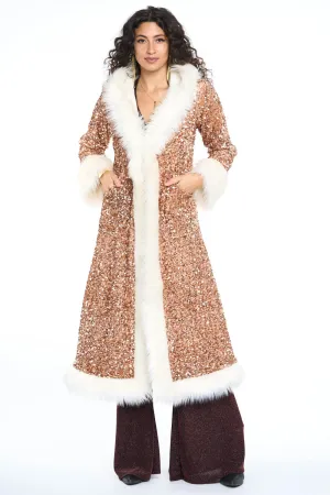 Deluxe Tamo Coat: Copper Starlight Sequin   Cream Faux Fur Trim
