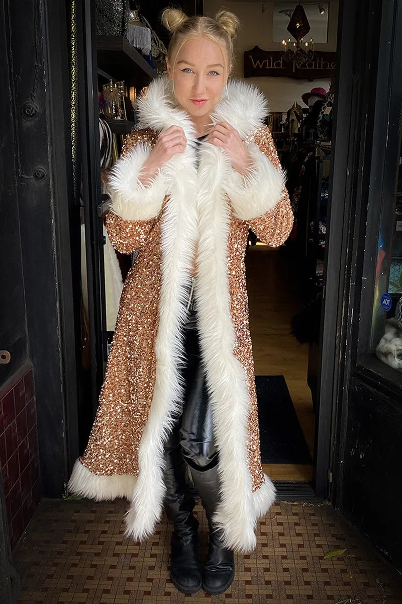Deluxe Tamo Coat: Copper Starlight Sequin   Cream Faux Fur Trim