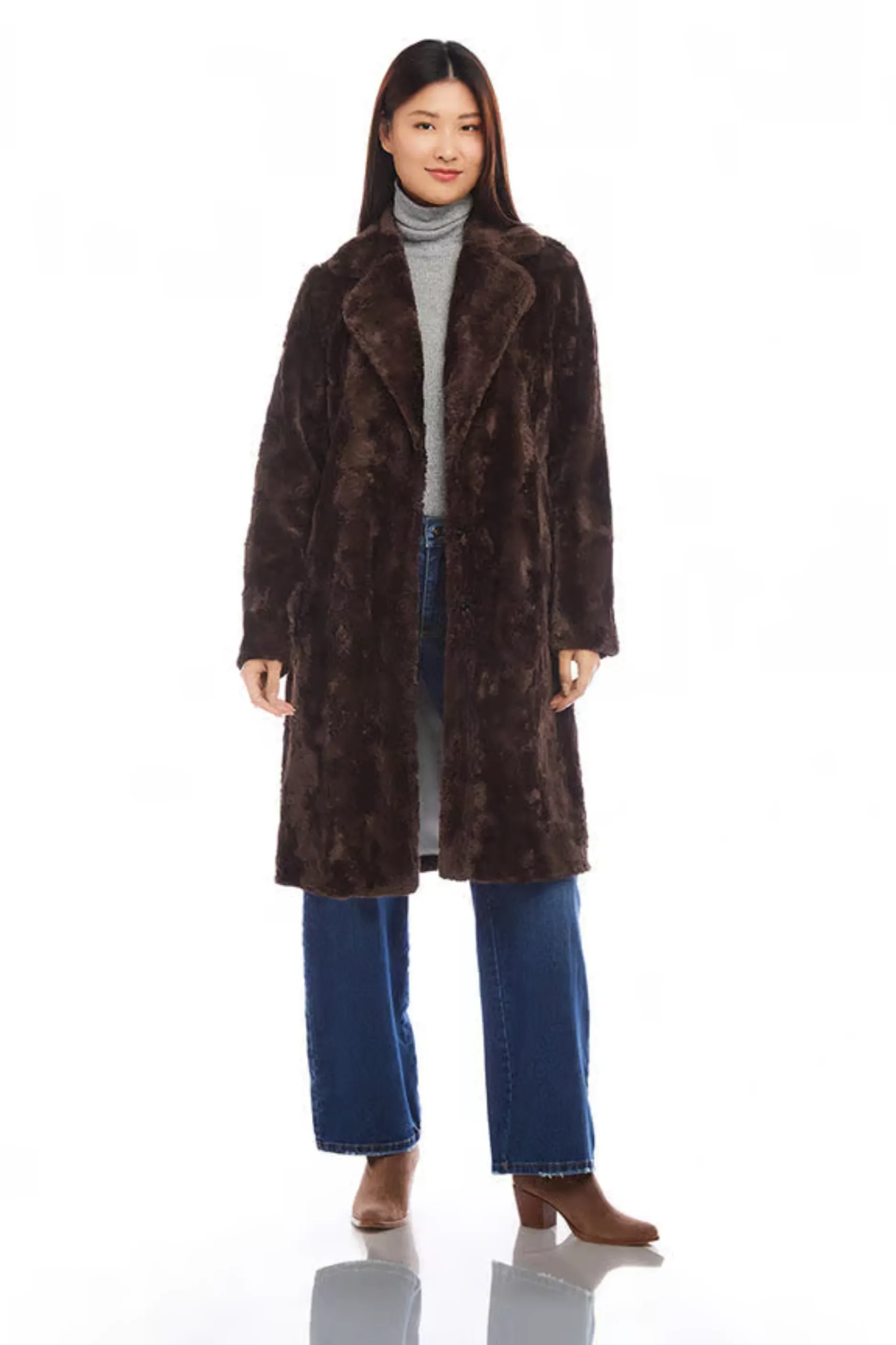 Faux Fur Button Front Coat [Brown-3L96006]
