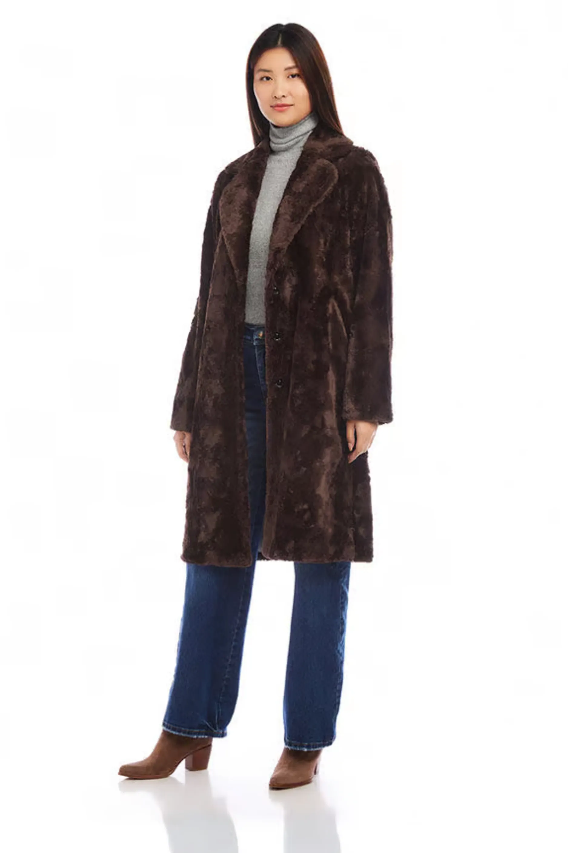 Faux Fur Button Front Coat [Brown-3L96006]